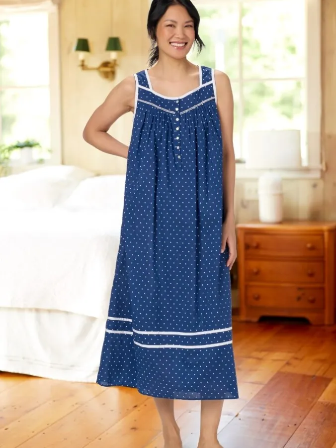 Eileen West Nautical Blue Polka-Dot Cotton Nightgown