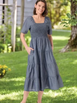 Ella Simone Cotton Chambray Smocked Midi Dress