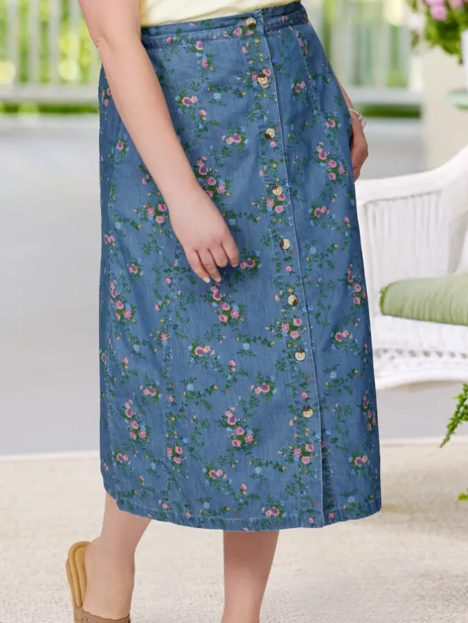 Ella Simone Floral Print Denim Skirt
