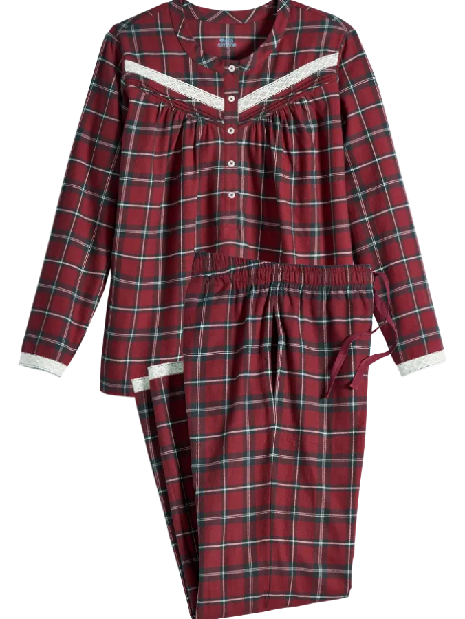 Ella Simone Lace and Plaid Cotton Flannel Pajama Set