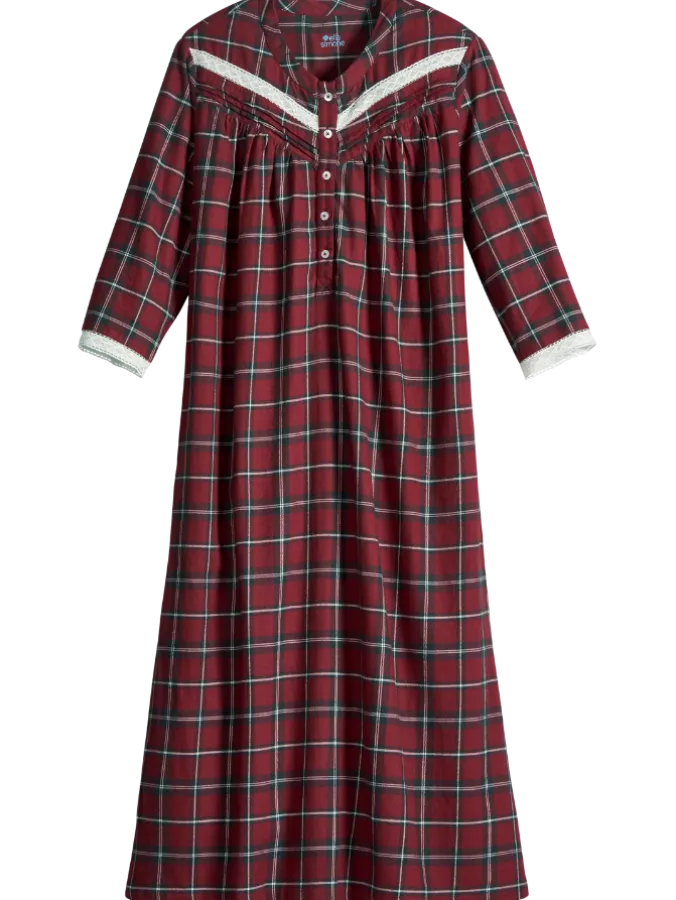 Ella Simone Lace and Plaid Long Cotton Flannel Nightgown