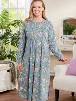 Ella Simone Pintuck Floral Long Cotton Nightgown