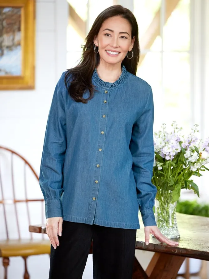 Ella Simone Ruffle-Neck Denim Shirt