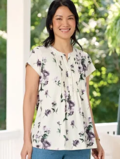 Ella Simone Short-Sleeve Floral Pintuck Knit Cotton and Modal Tunic