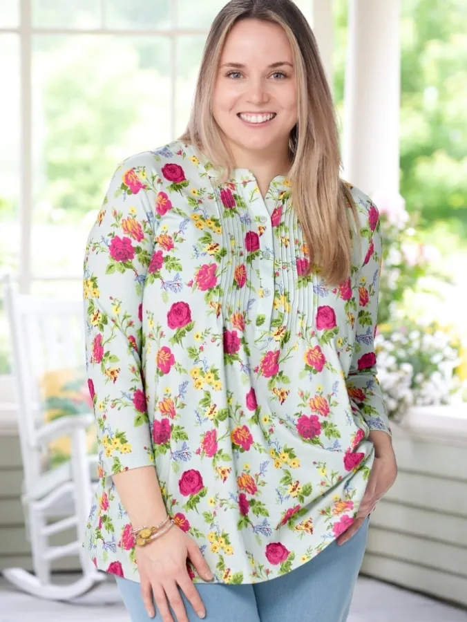 Ella Simone Soft Knit Floral Pintuck Cotton and Modal Tunic