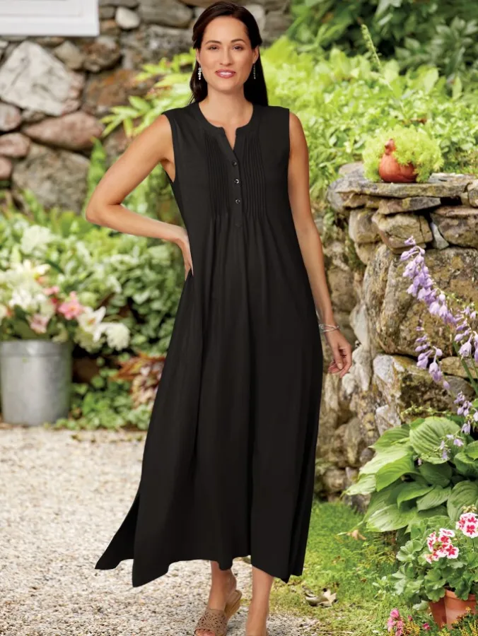 Ella Simone Stretch Knit Pintuck Cotton and Modal Maxi Dress
