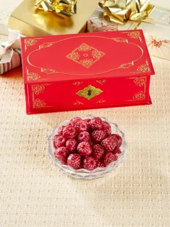 Embossed Red Filigree Tin With Filled Raspberry Hard Candy