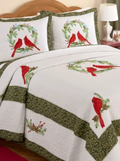 Embroidered Cardinal Cotton Quilt or Pillow Sham