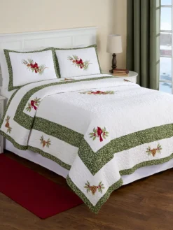 Embroidered Cardinal Oversized Cotton Quilt or Pillow Sham