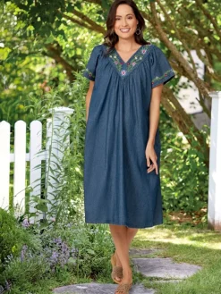 Embroidered Cotton Denim Muumuu With Flutter Sleeves