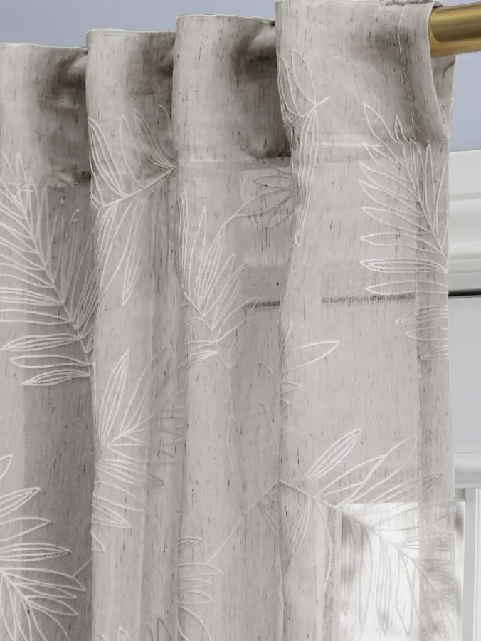 Embroidered Leaves Sheer Rod Pocket Patio Panel With Back Tabs
