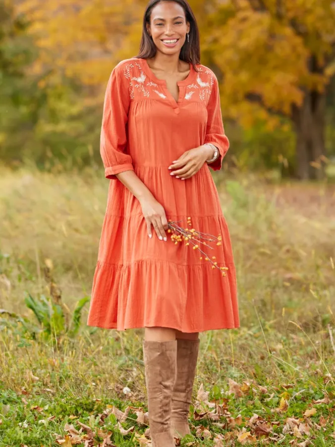 Embroidered Leaves Tiered Crinkle Cotton Dress