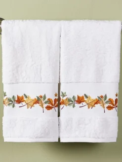 Falling Leaves Embroidered Hand Towel, Set of 2