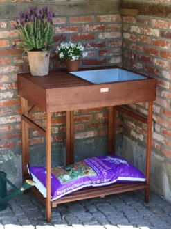 Folding Hardwood Potting Table With Removable Bucket