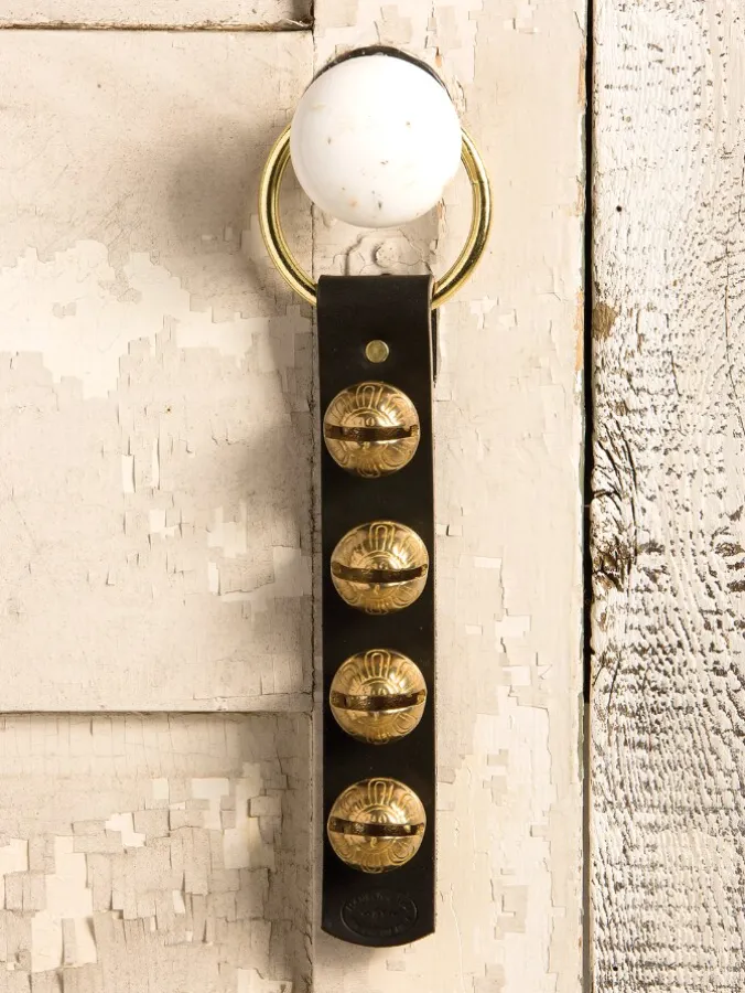 Four Brass Sleigh Bell Leather Strap Door Hanger
