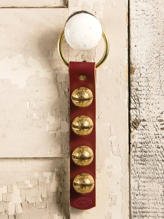 Four Brass Sleigh Bell Leather Strap Door Hanger