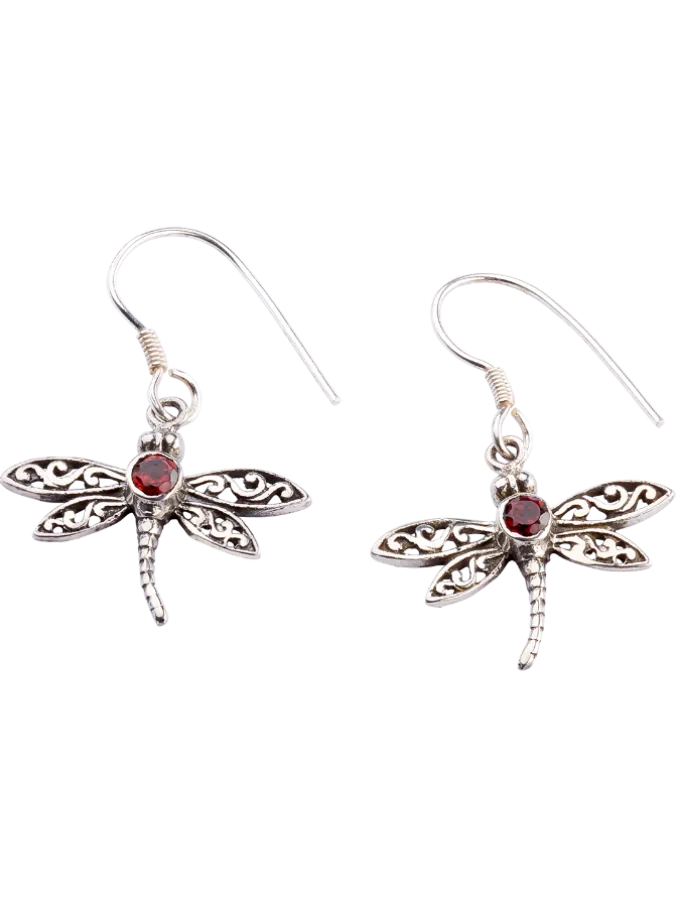 Garnet Dragonfly Drop Earrings