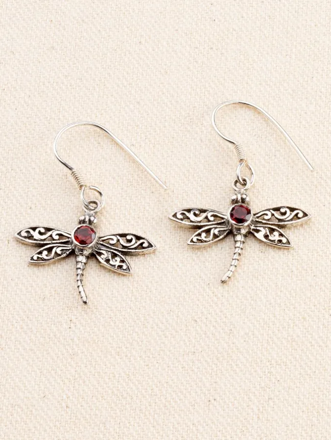 Garnet Dragonfly Drop Earrings