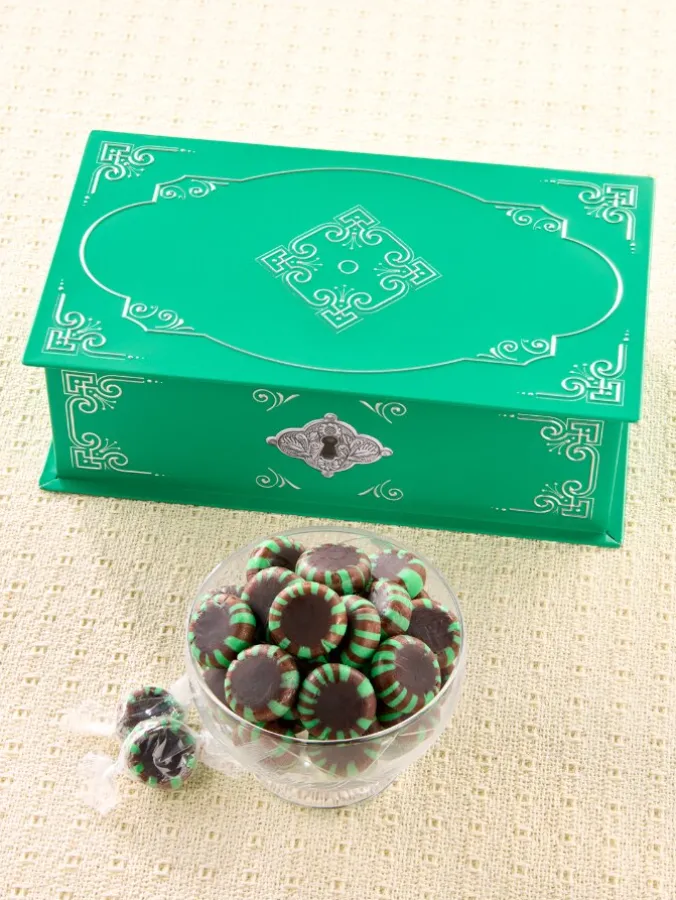 Green Filagree Gift Tin With Chocolate Mint Starlight Hard Candy