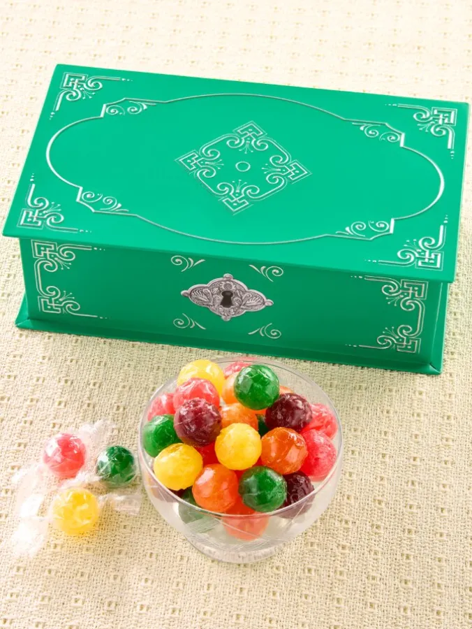 Green Filagree Gift Tin With Hard Candy Sour Balls