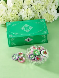 Green Filagree Tin With Foiled Milk Chocolate Violets
