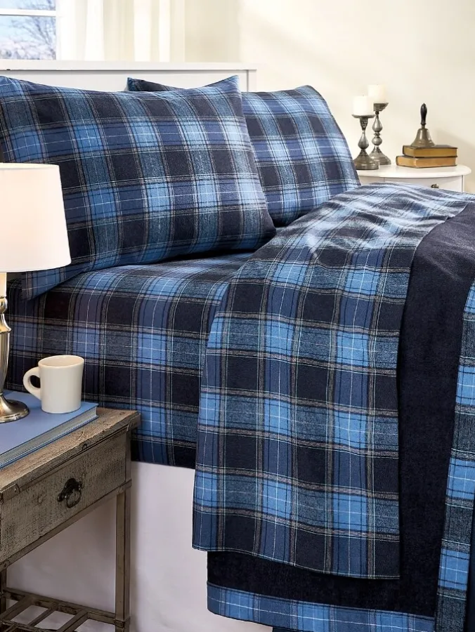 Heathered Plaid Portuguese Cotton Flannel Sheet Set