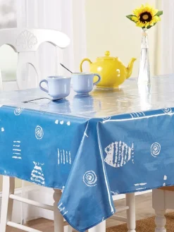 Heavy-Duty Printed Oilcloth Tablecloth in Rock Fish Blue