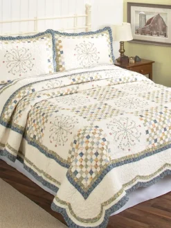 Keepsake Embroidered Patchwork Cotton Quilt or Pillow Sham Pair