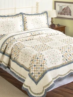 Keepsake Embroidered Patchwork Cotton Quilt or Pillow Sham Pair