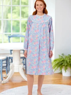 Lanz Nantucket Rose Cotton Flannel Nightgown, 44 Inch