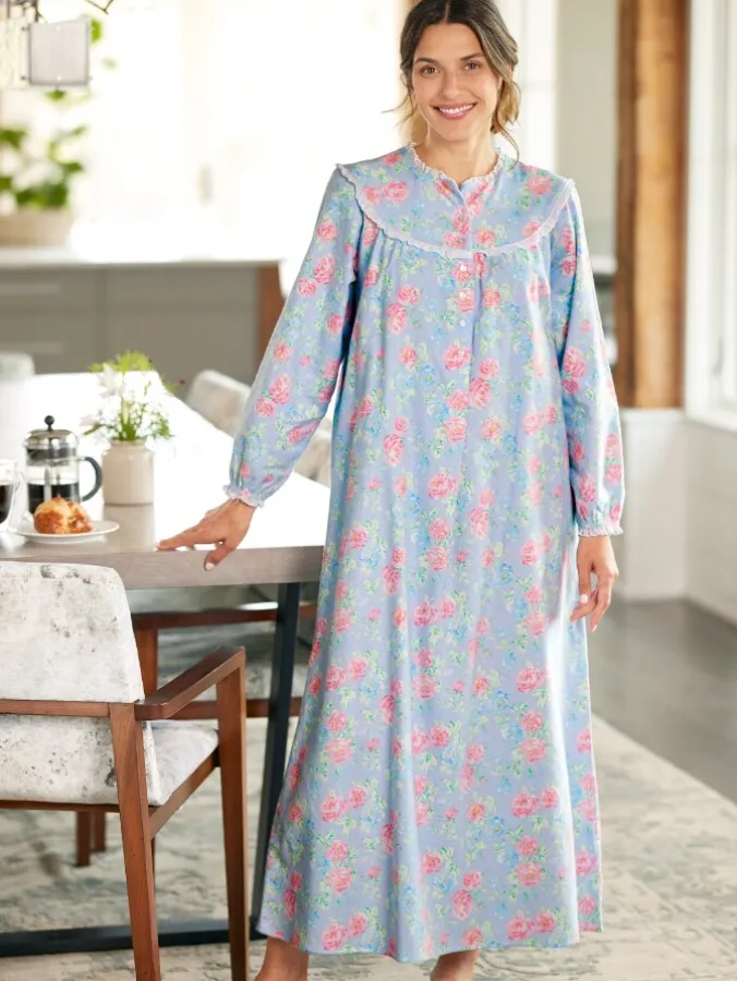 Lanz Nantucket Rose Cotton Flannel Nightgown, 54 Inch