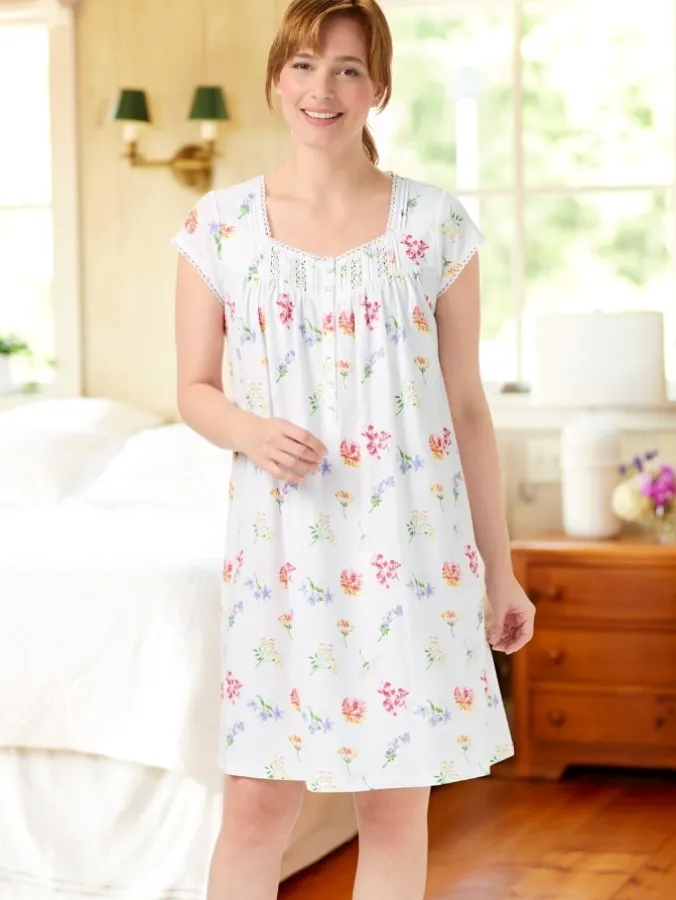 Lanz Tossed Floral Cotton Knit Short Nightgown