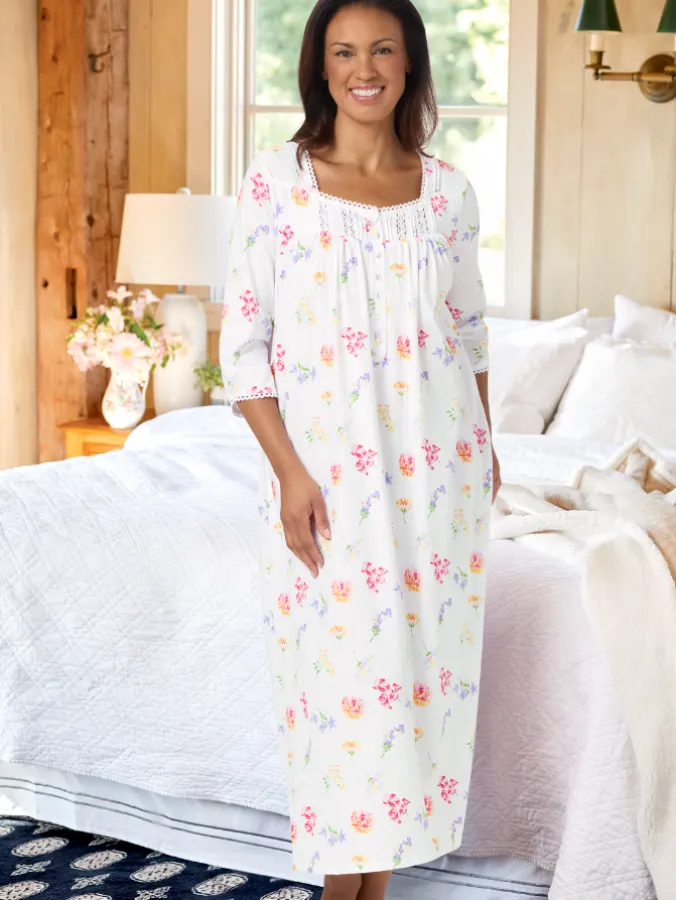 Lanz Tossed Floral Cotton Knit Long Nightgown