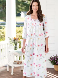 Lanz Tossed Floral Cotton Knit Long Nightgown