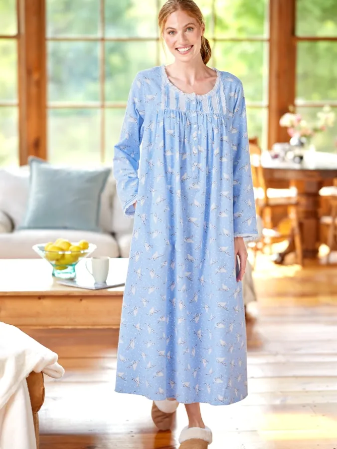 Lanz White Doves Cotton Flannel Nightgown