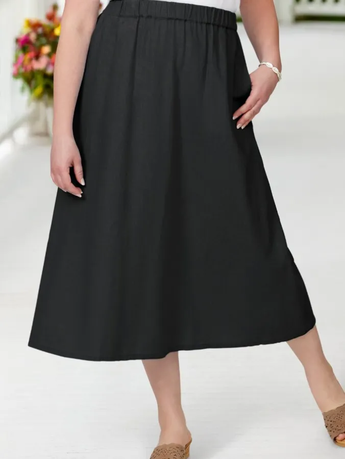 Linen-Blend Midi Skirt With Pockets
