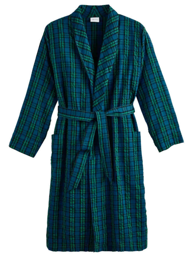 Men's Black Watch Plaid Cotton Seersucker Wrap Robe
