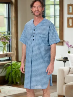 Men's Blue Madras Plaid Cotton Nightshirt