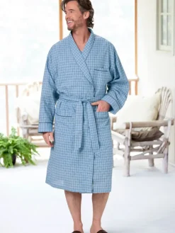 Men's Blue Plaid Madras Cotton Wrap Robe