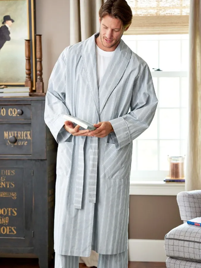 Men's Chambray Stripe Cotton Wrap Robe