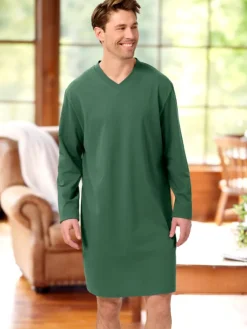 Men's Comfort Knit V-Neck Long-Sleeve Cotton Nightshirt