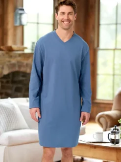 Men's Comfort Knit V-Neck Long-Sleeve Cotton Nightshirt