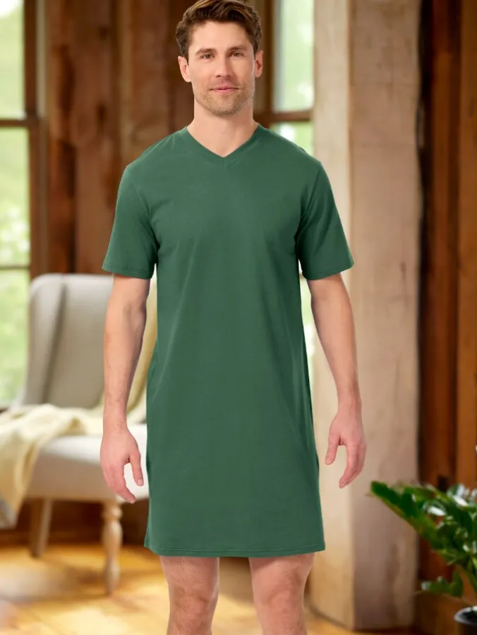 Men's Comfort Knit V-Neck Short-Sleeve Cotton Nightshirt