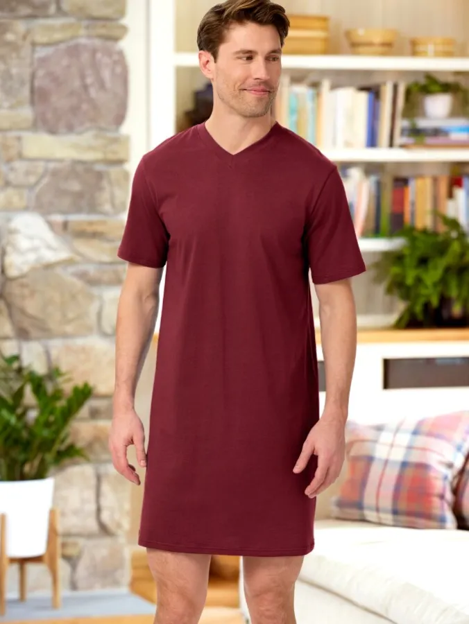 Men's Comfort Knit V-Neck Short-Sleeve Cotton Nightshirt