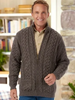 Men's Dark Brown Irish Wool Zip-Front Cardigan