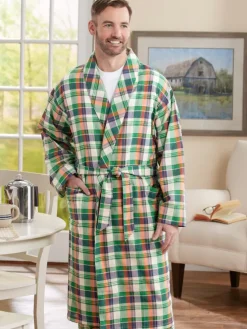 Men's Green Madras Plaid Cotton Wrap Robe