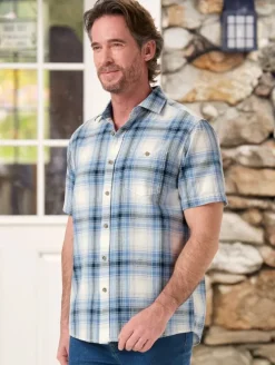 Men's Indigo Plaid Short-Sleeve Cotton Shirt