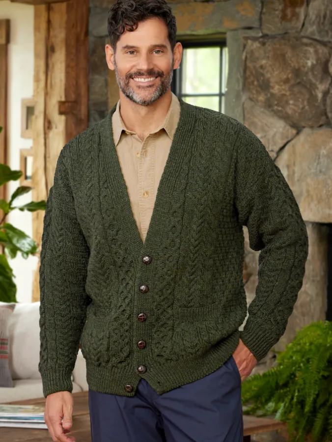 Men's Irish Wool Button-Front V-Neck Cardigan Sweater