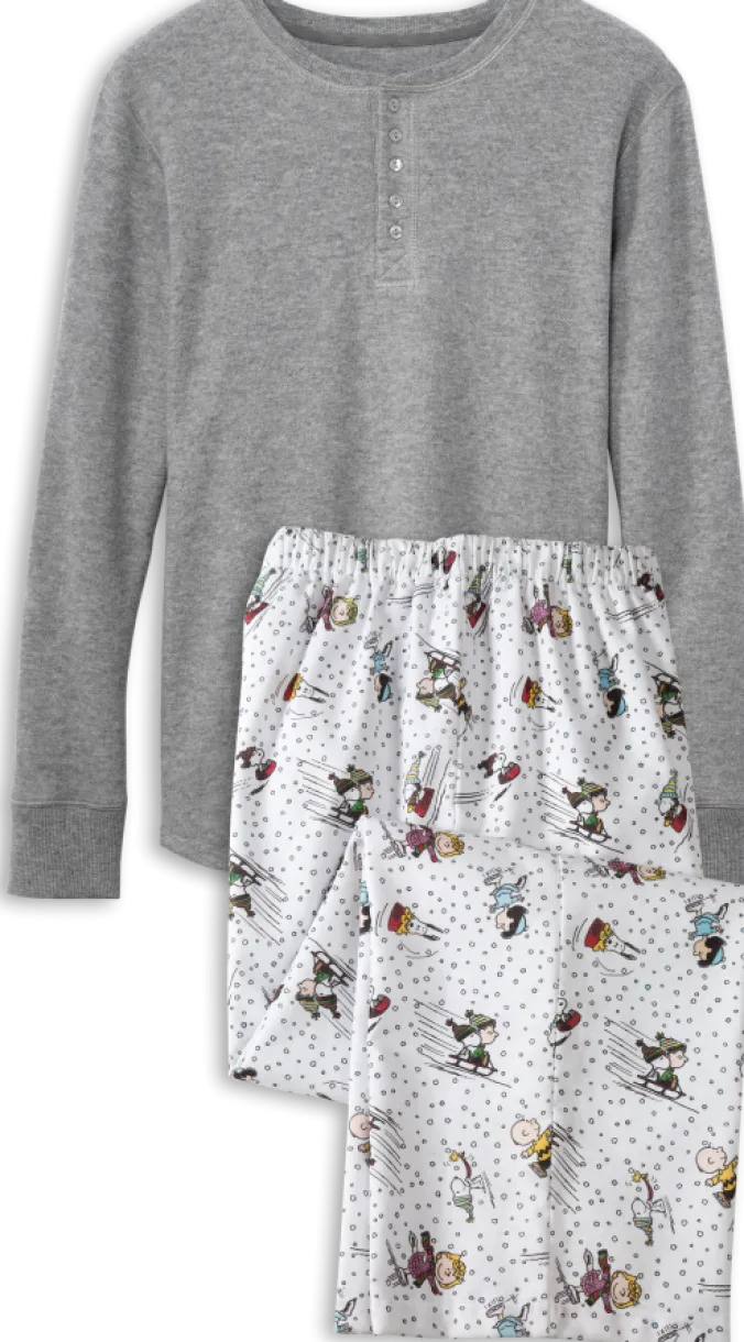 Men's Peanuts Snow Fun Flannel Sleep Pants and Henley Pajama Set