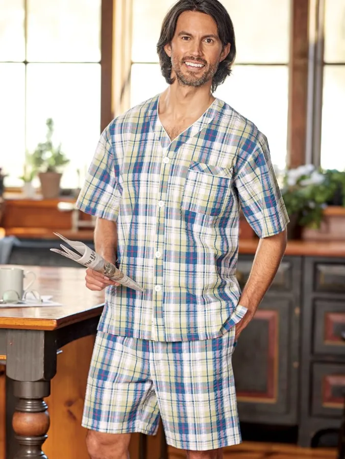 Men's Plaid Cotton Seersucker Short Pajamas